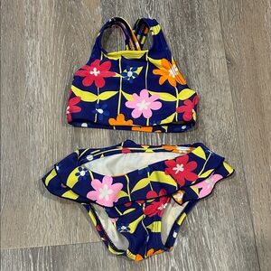 L.L. Bean Navy Girls Floral Two-Piece Swim Set with Pink & Orange Flowers